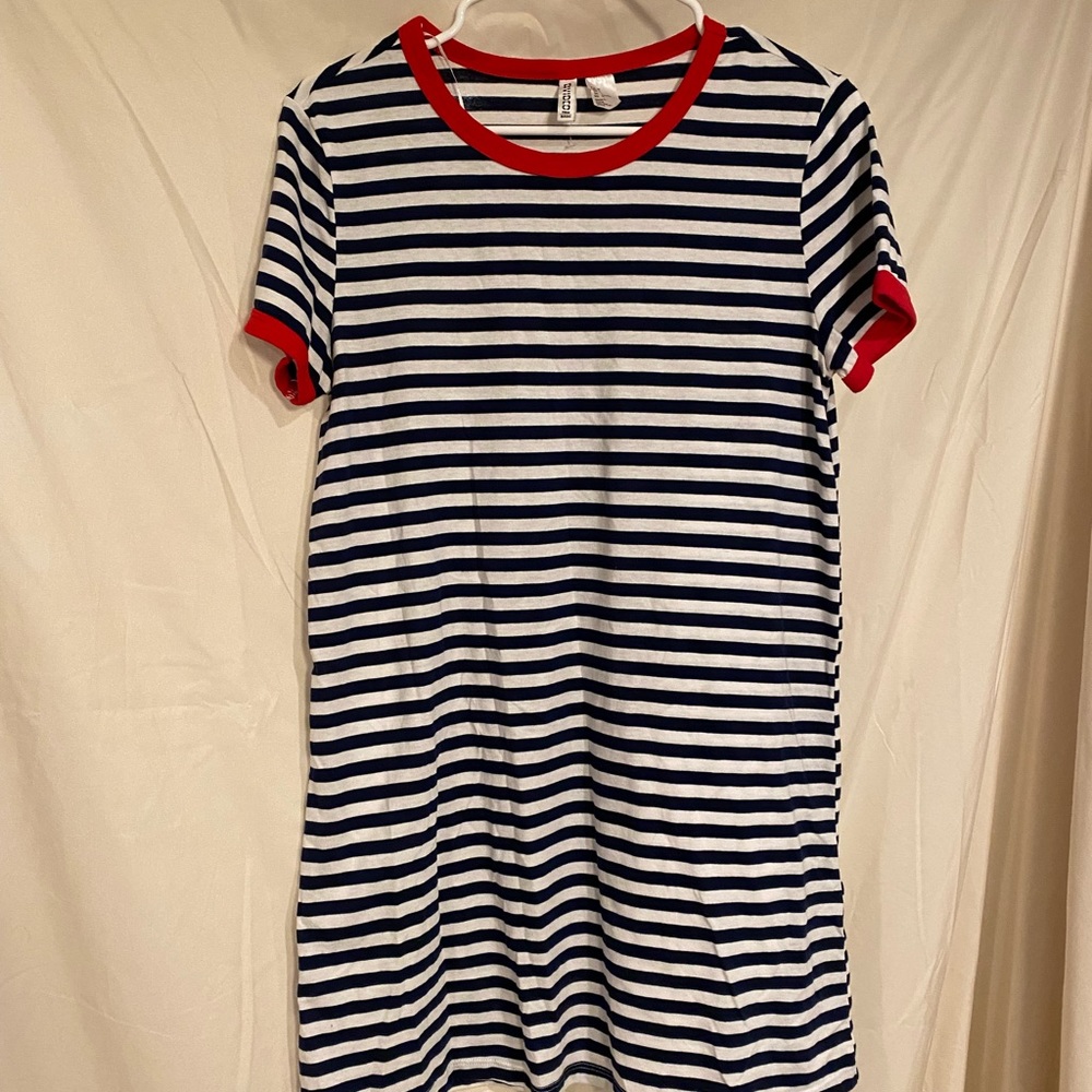 Navy, white, and red tee shirt dress